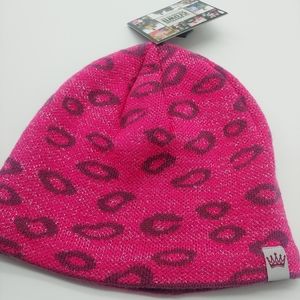 NEW American Crown | Knit Pink Metallic Print Fleece Lined Beanie Hat OS